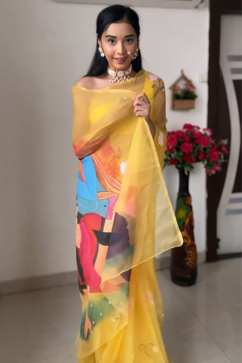 Vivacious Yellow Organza Silk Saree with Printed Detailing