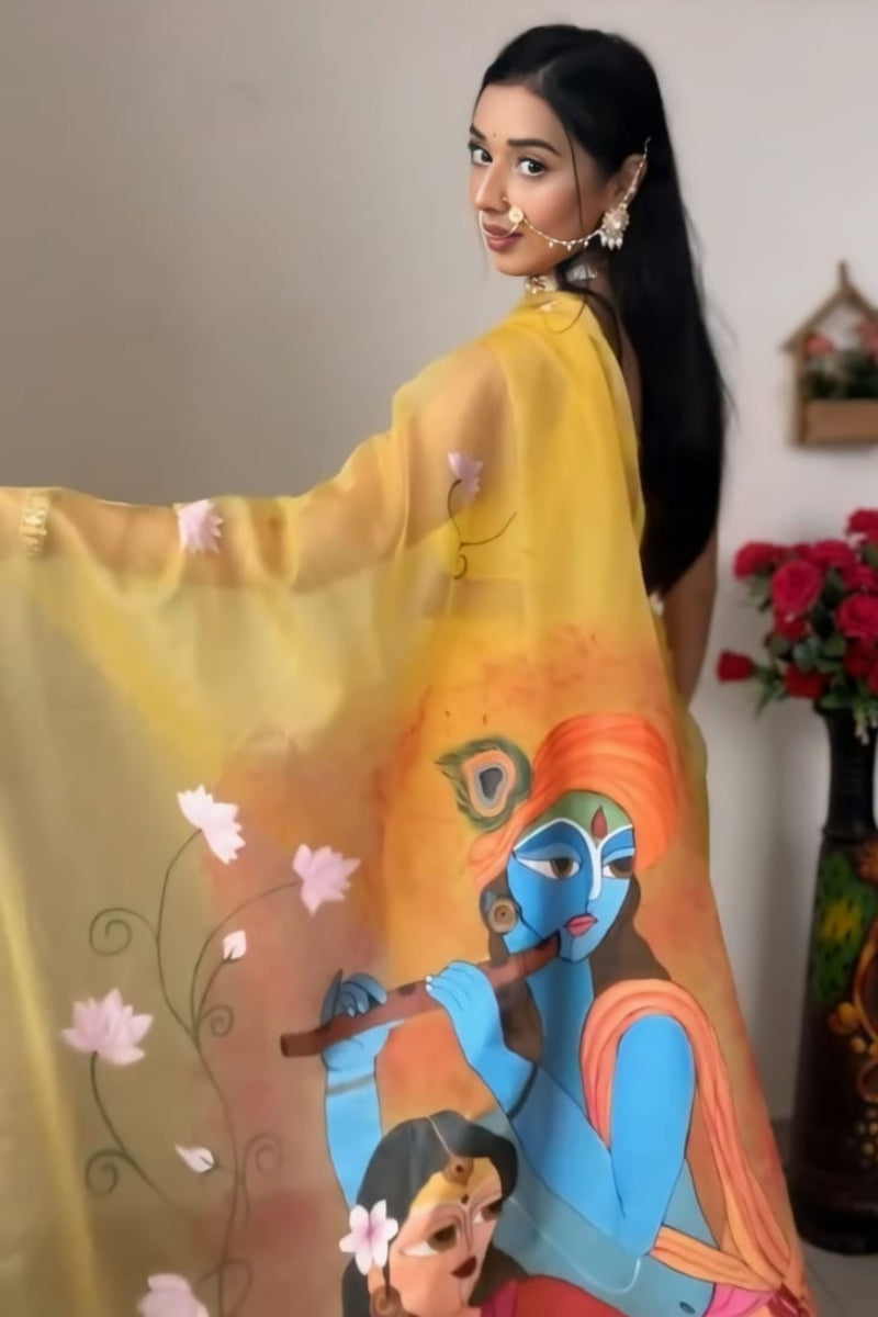 Vivacious Yellow Organza Silk Saree with Printed Detailing