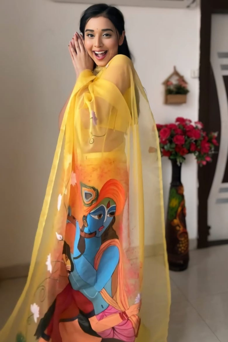 Vivacious Yellow Organza Silk Saree with Printed Detailing
