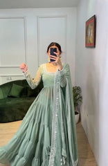 Luxury Georgette Anarkali Suit with Heavy Sequin & Rivet Moti Work – 8 Meter Flair