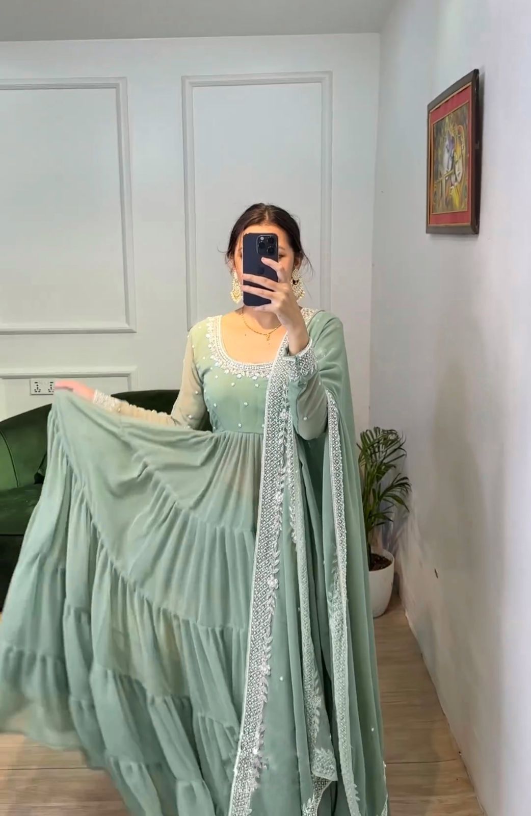 Luxury Georgette Anarkali Suit with Heavy Sequin & Rivet Moti Work – 8 Meter Flair