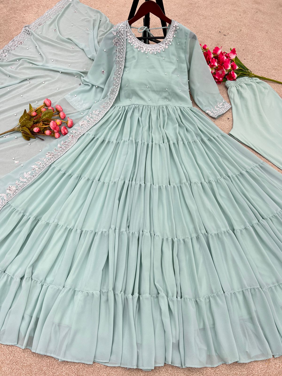 Luxury Georgette Anarkali Suit with Heavy Sequin & Rivet Moti Work – 8 Meter Flair