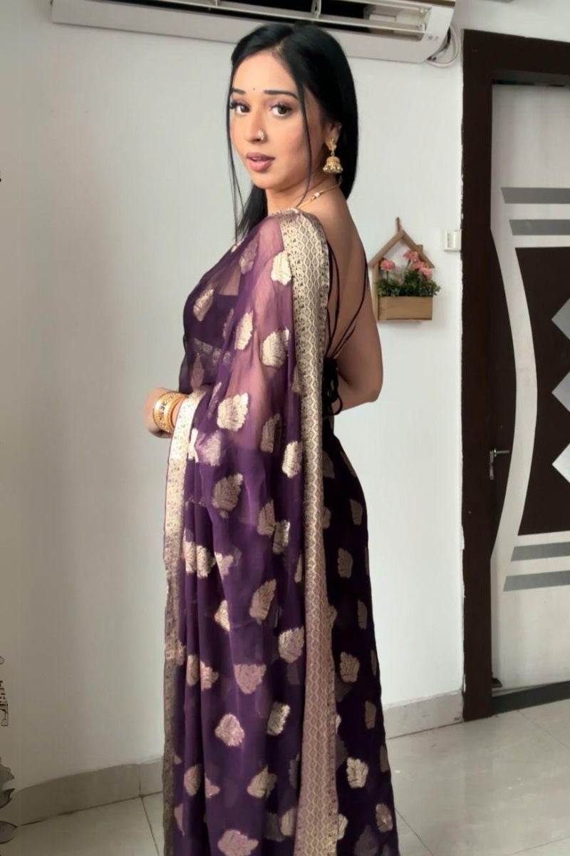 Whimsical Dark Purple Cotton Silk Saree with Jacquard Work & Unstitched Blouse
