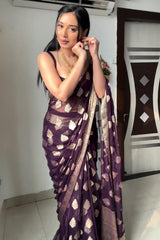 Whimsical Dark Purple Cotton Silk Saree with Jacquard Work & Unstitched Blouse