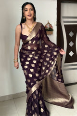 Whimsical Dark Purple Cotton Silk Saree with Jacquard Work & Unstitched Blouse