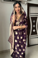 Whimsical Dark Purple Cotton Silk Saree with Jacquard Work & Unstitched Blouse