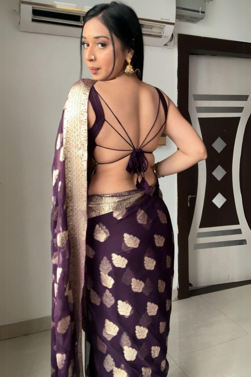 Whimsical Dark Purple Cotton Silk Saree with Jacquard Work & Unstitched Blouse