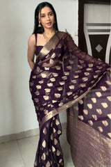 Whimsical Dark Purple Cotton Silk Saree with Jacquard Work & Unstitched Blouse