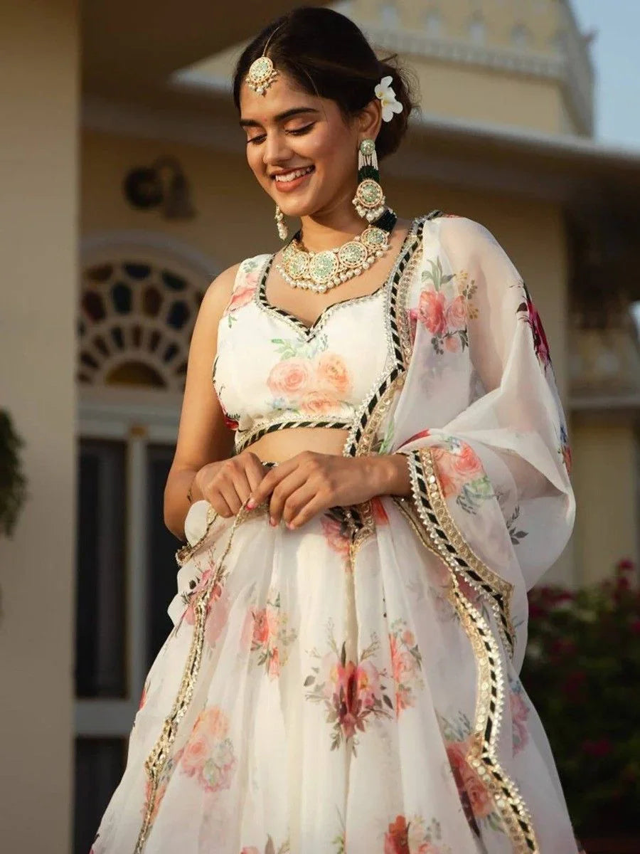 White Floral Organza Festival Wear Lehenga Choli