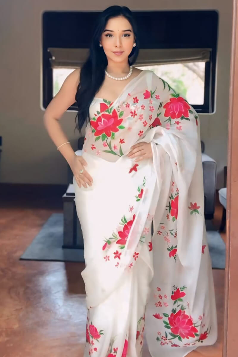 White Organza Silk Ready-to-Wear Saree
