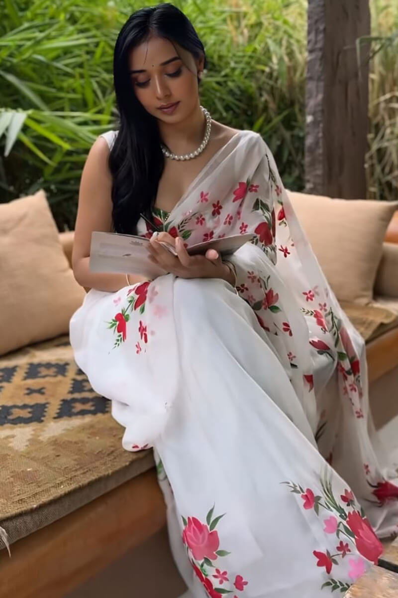 White Organza Silk Ready-to-Wear Saree