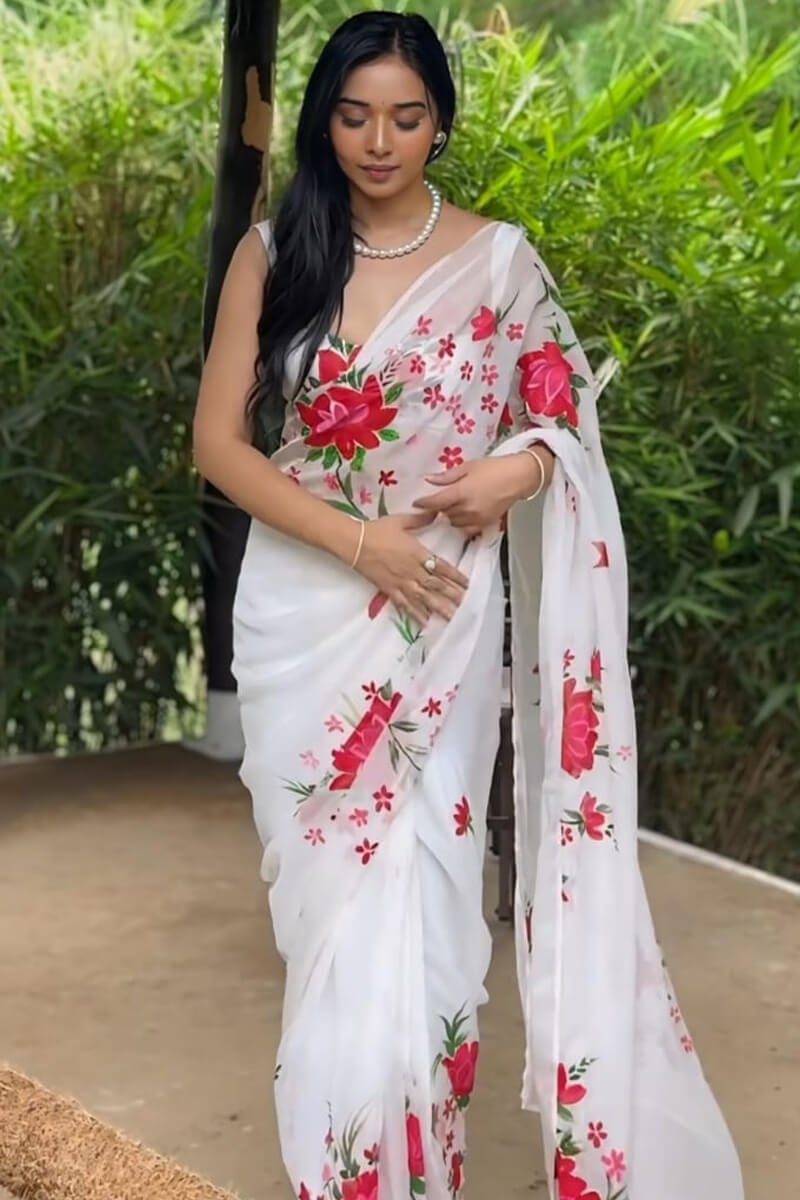 White Organza Silk Ready-to-Wear Saree