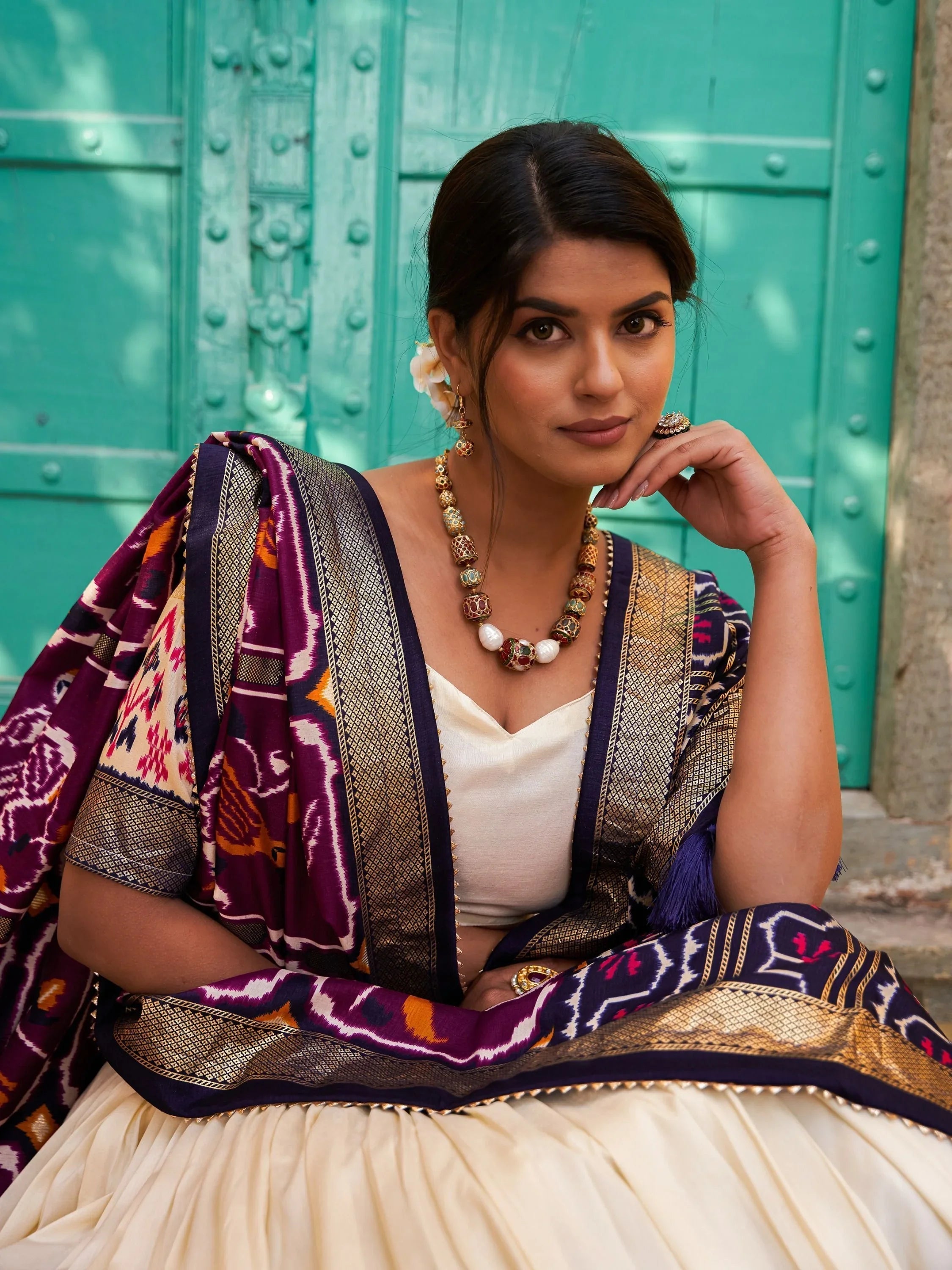 White & Purple Tussar Silk Lehenga Choli – Patola Print & Foil Detailing