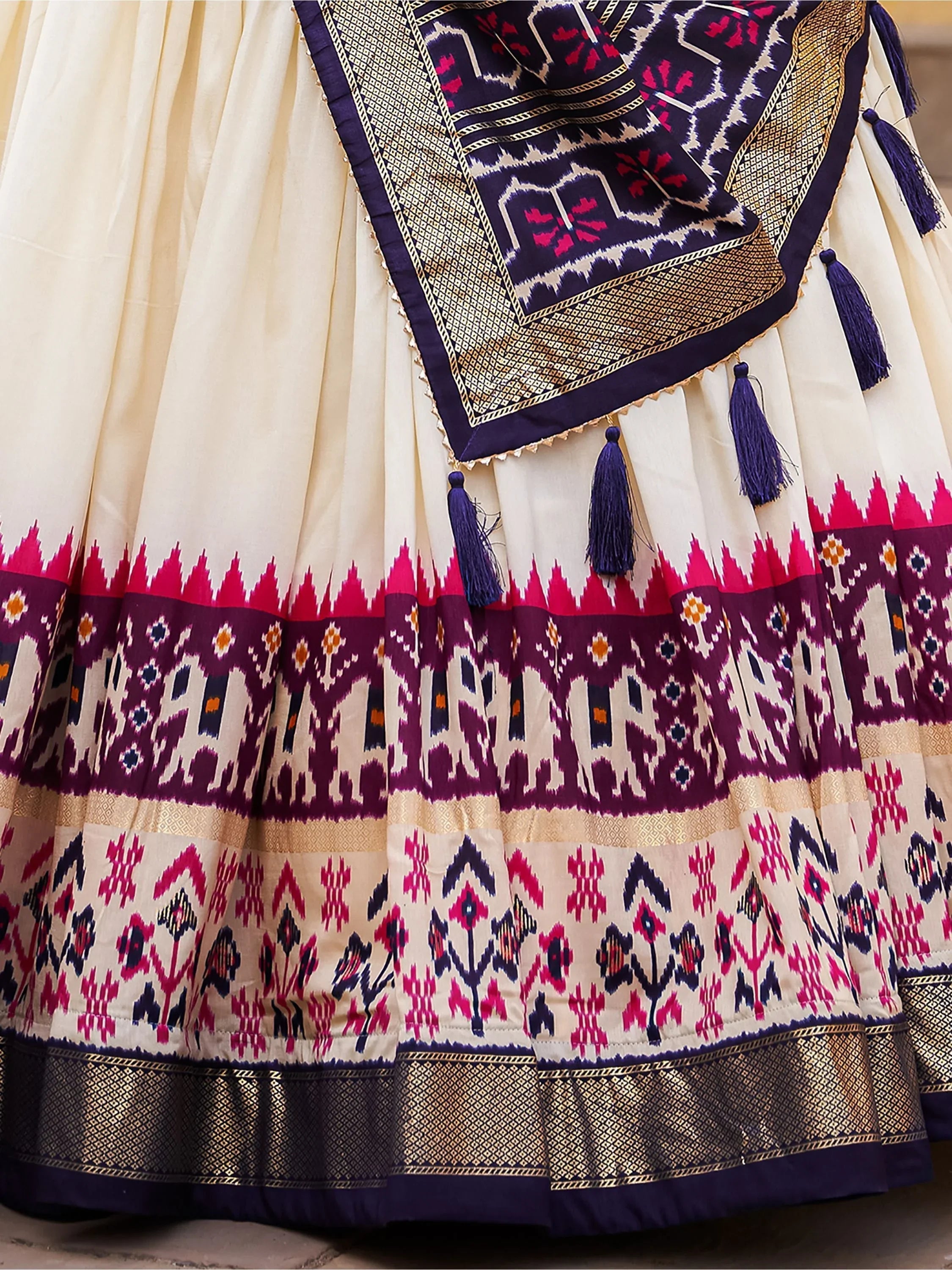 White & Purple Tussar Silk Lehenga Choli – Patola Print & Foil Detailing