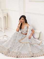 White Sequins Net Lehenga Choli with Dupatta – Festival & Wedding Wear