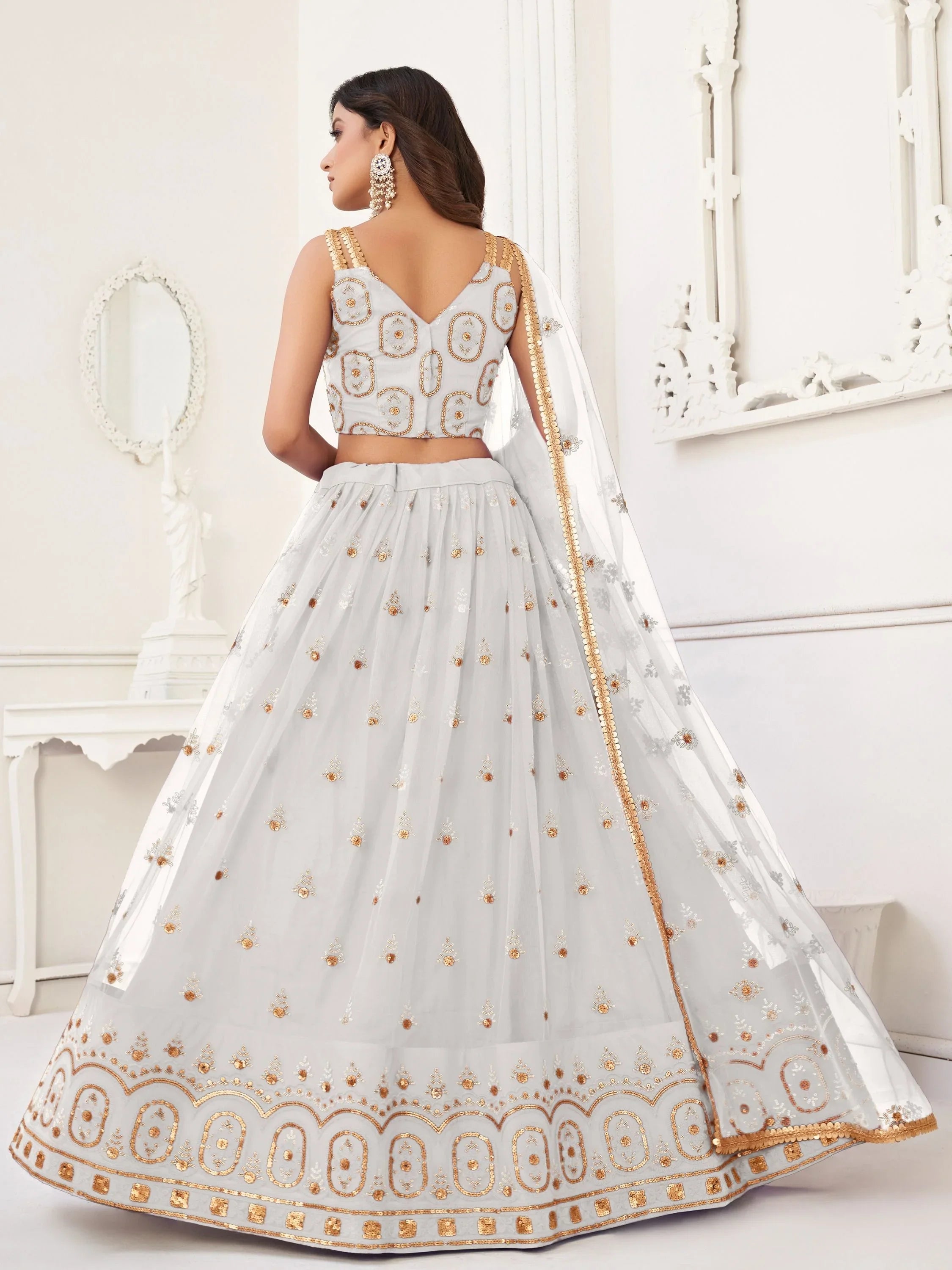 White Sequins Net Lehenga Choli with Dupatta – Festival & Wedding Wear