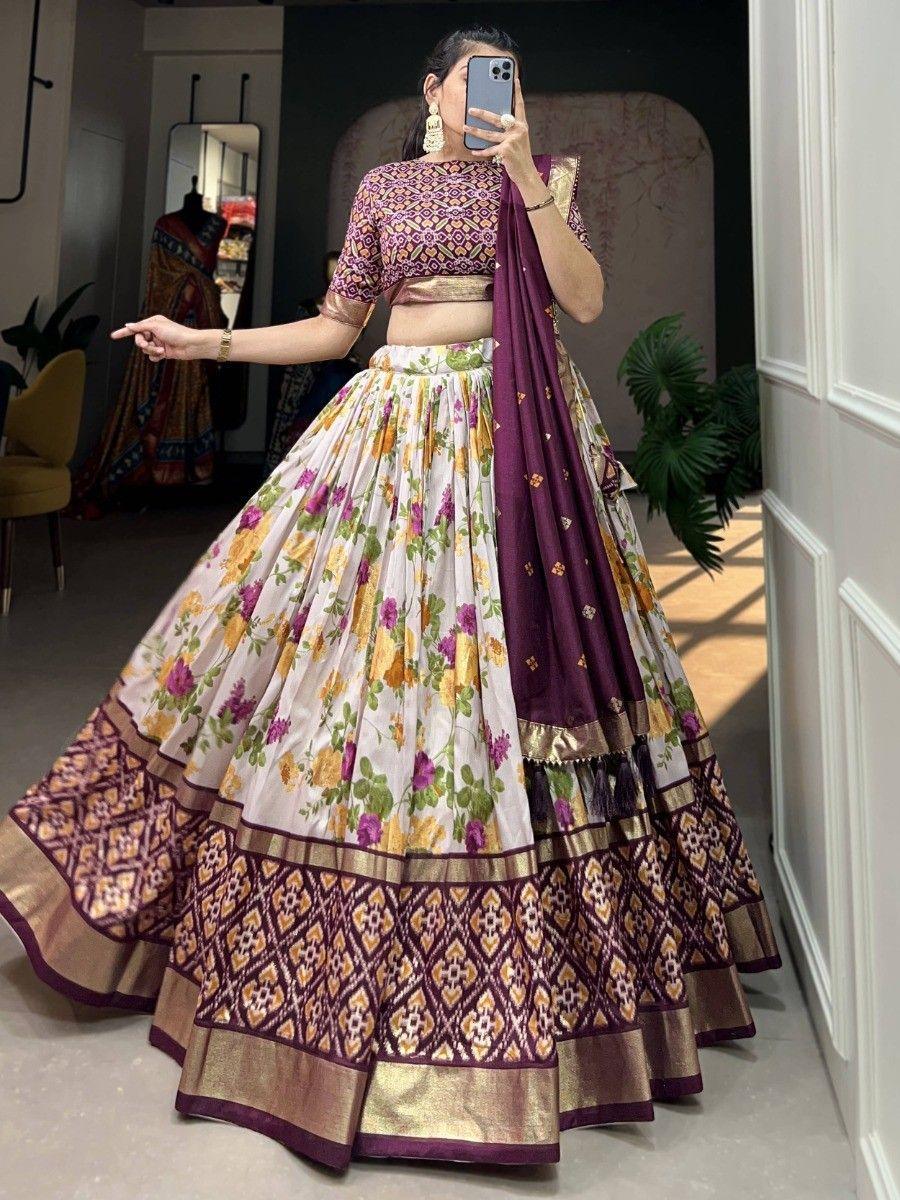 White & Wine Tussar Silk Floral Printed Lehenga Choli