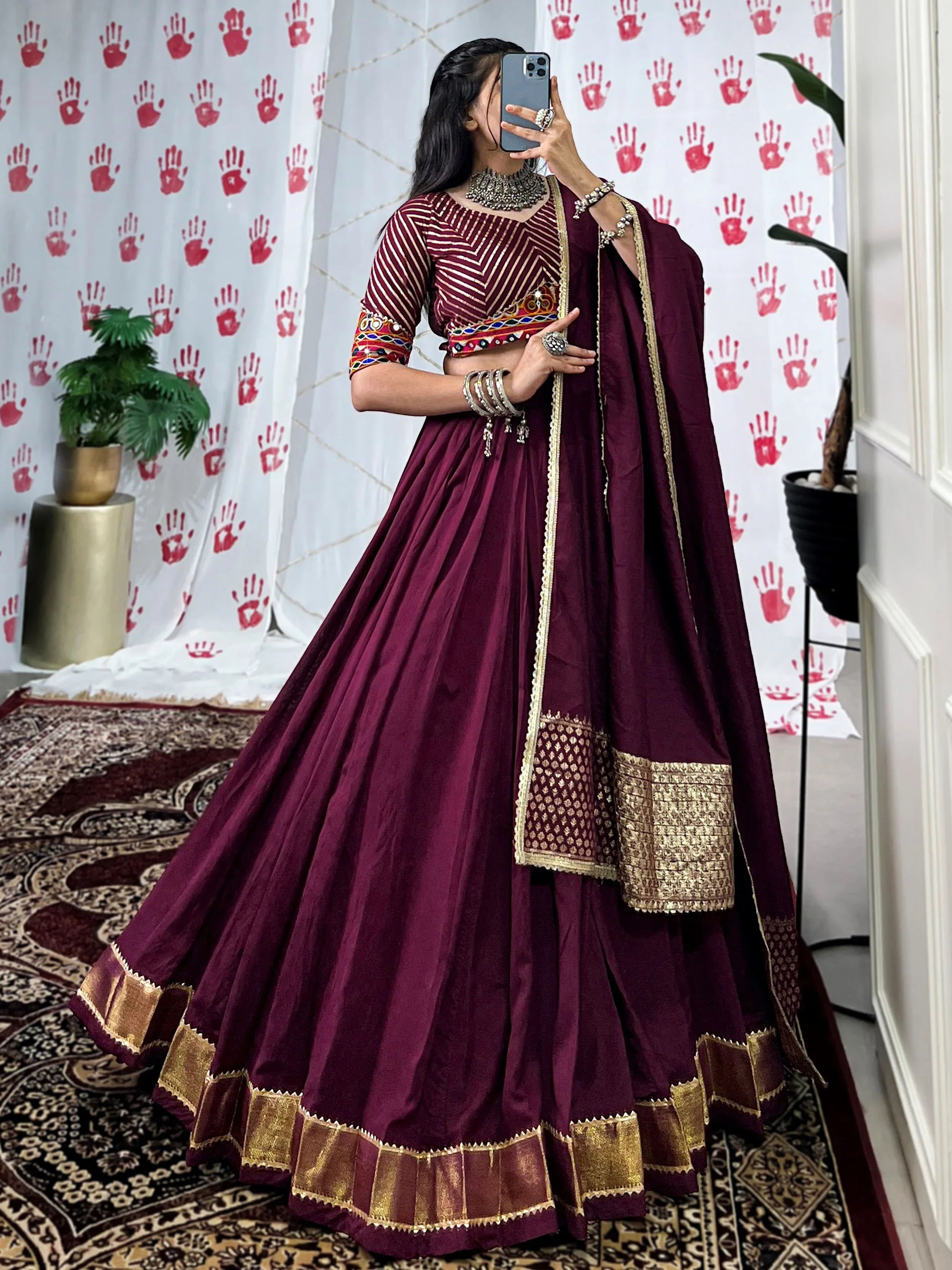 Wine Chanderi Lehenga Choli – Zari Weaving, Gamthi Mirror & Gotta Patti Work
