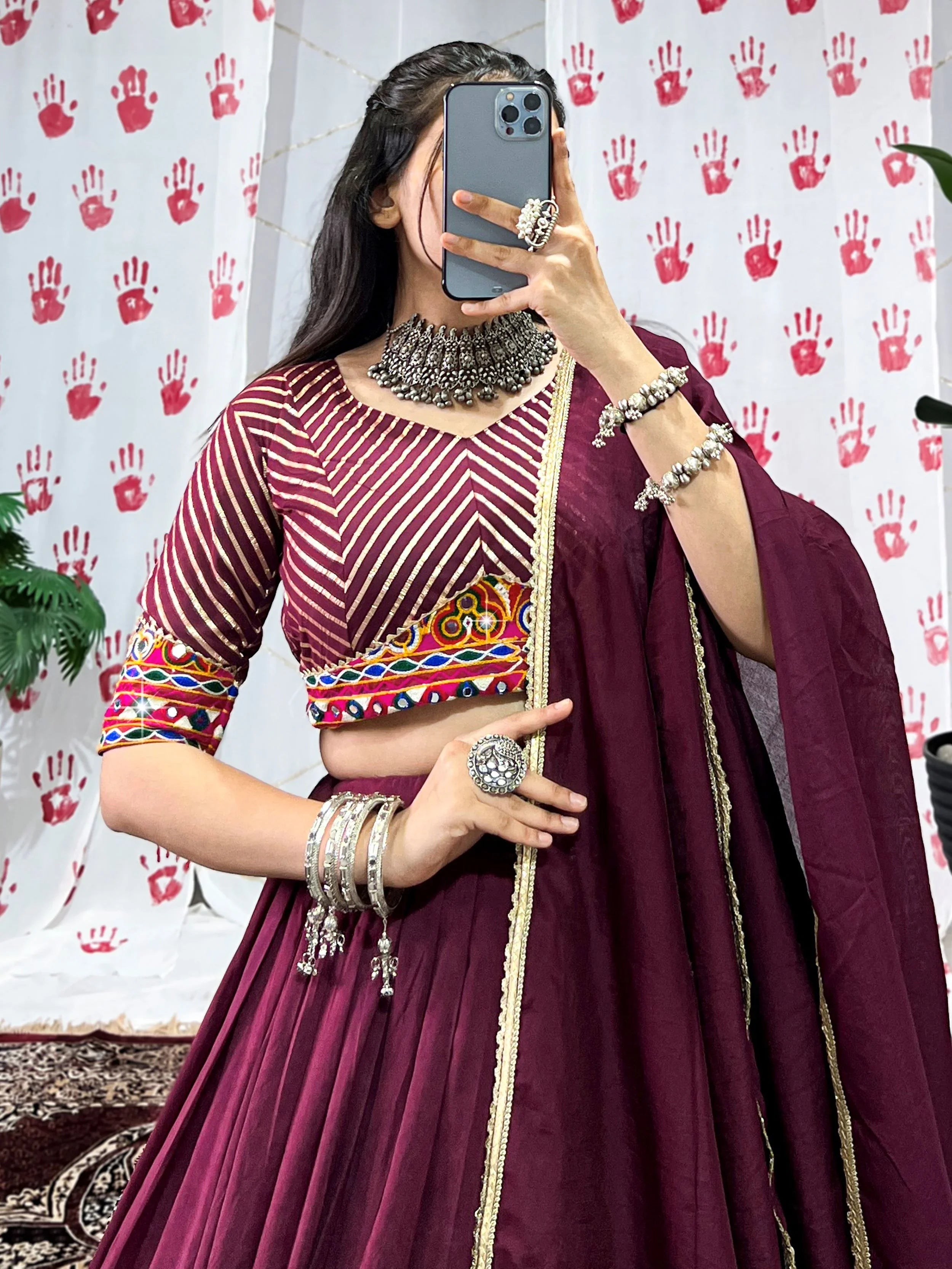 Wine Chanderi Lehenga Choli – Zari Weaving, Gamthi Mirror & Gotta Patti Work