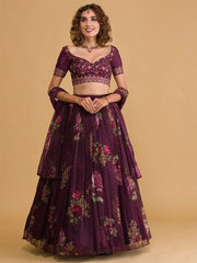 Wine Floral Digital Organza Lehenga Choli with Embroidered Art Silk Choli