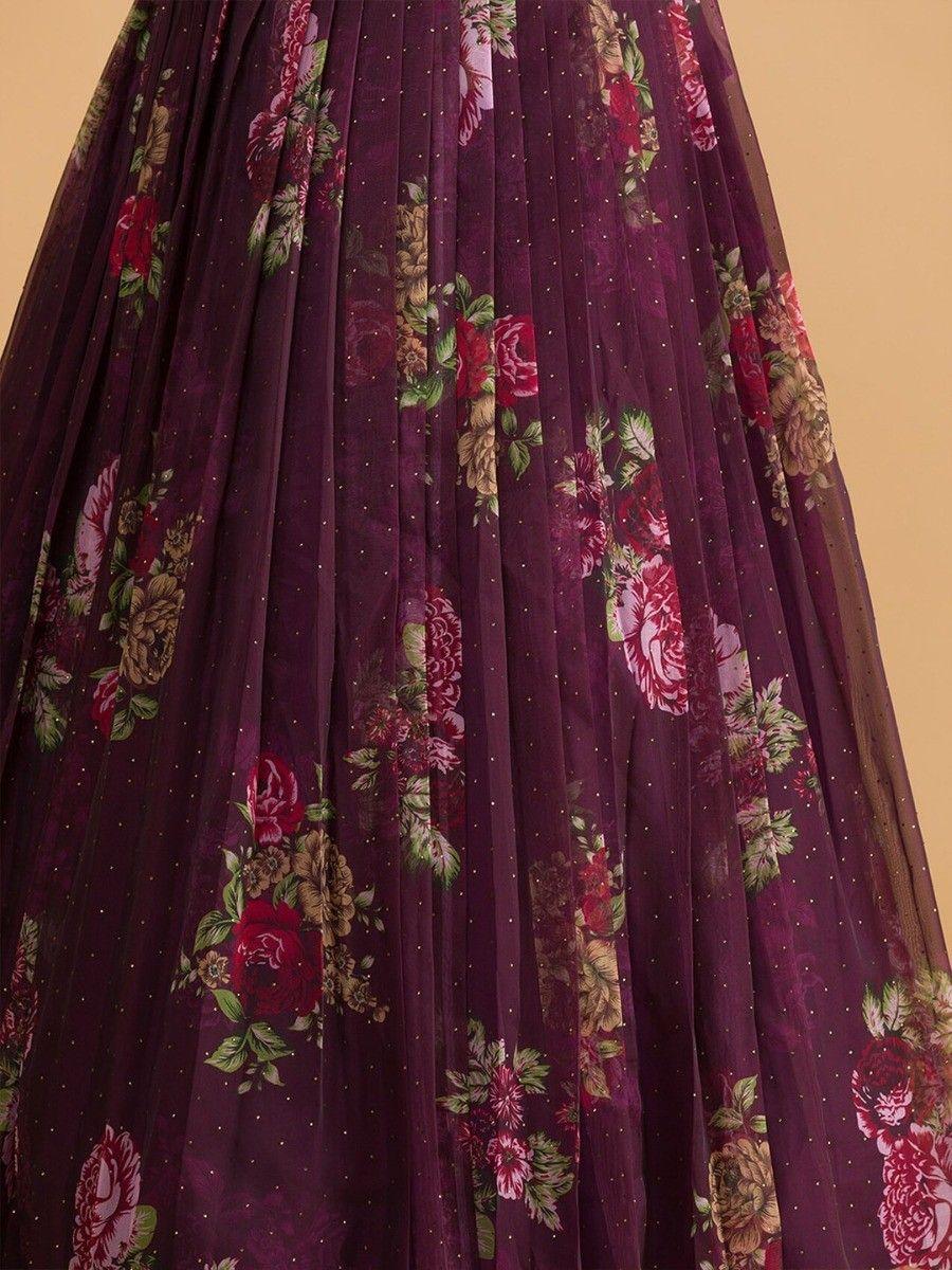 Wine Floral Digital Organza Lehenga Choli with Embroidered Art Silk Choli