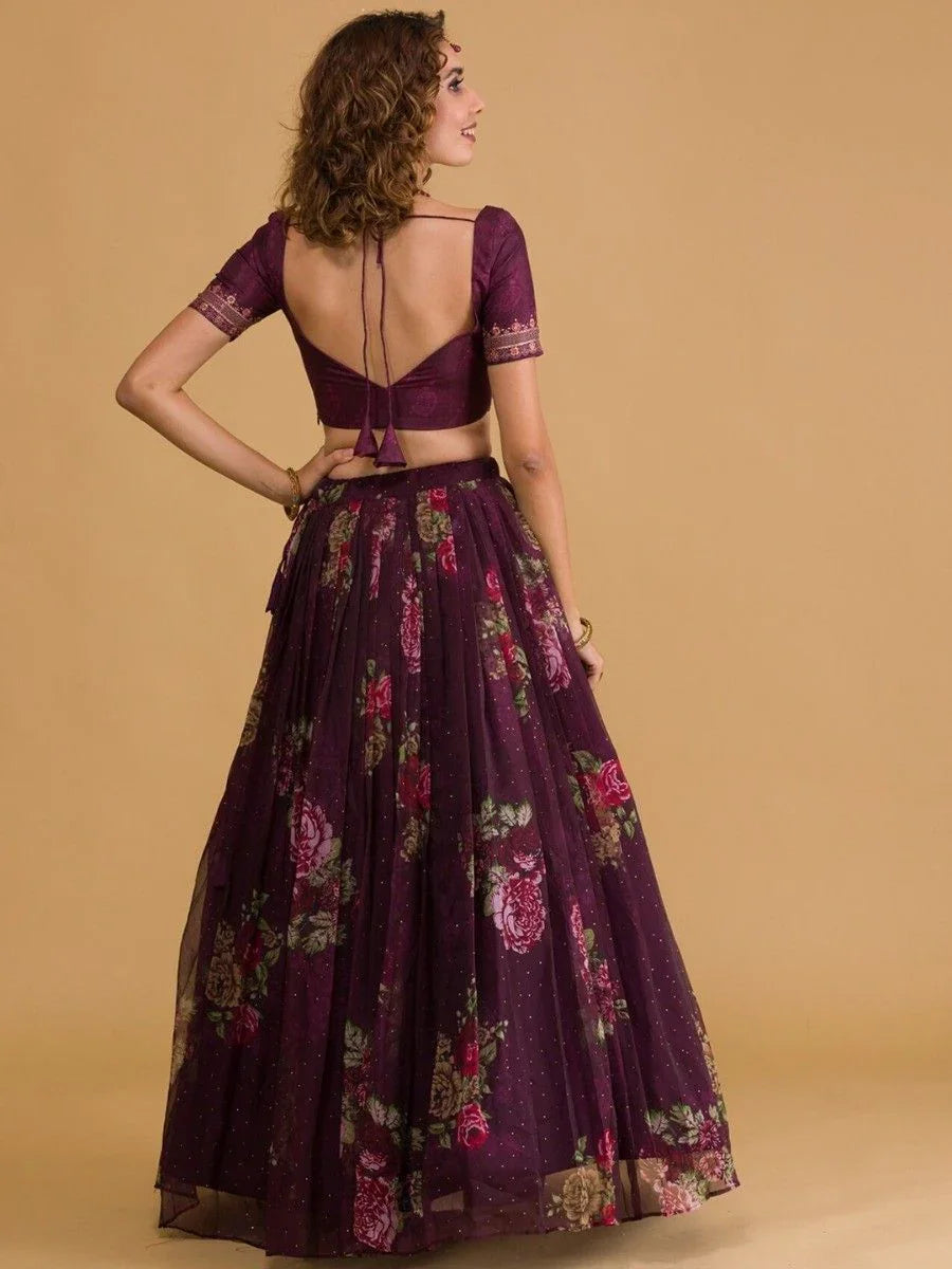 Wine Floral Digital Organza Lehenga Choli with Embroidered Art Silk Choli