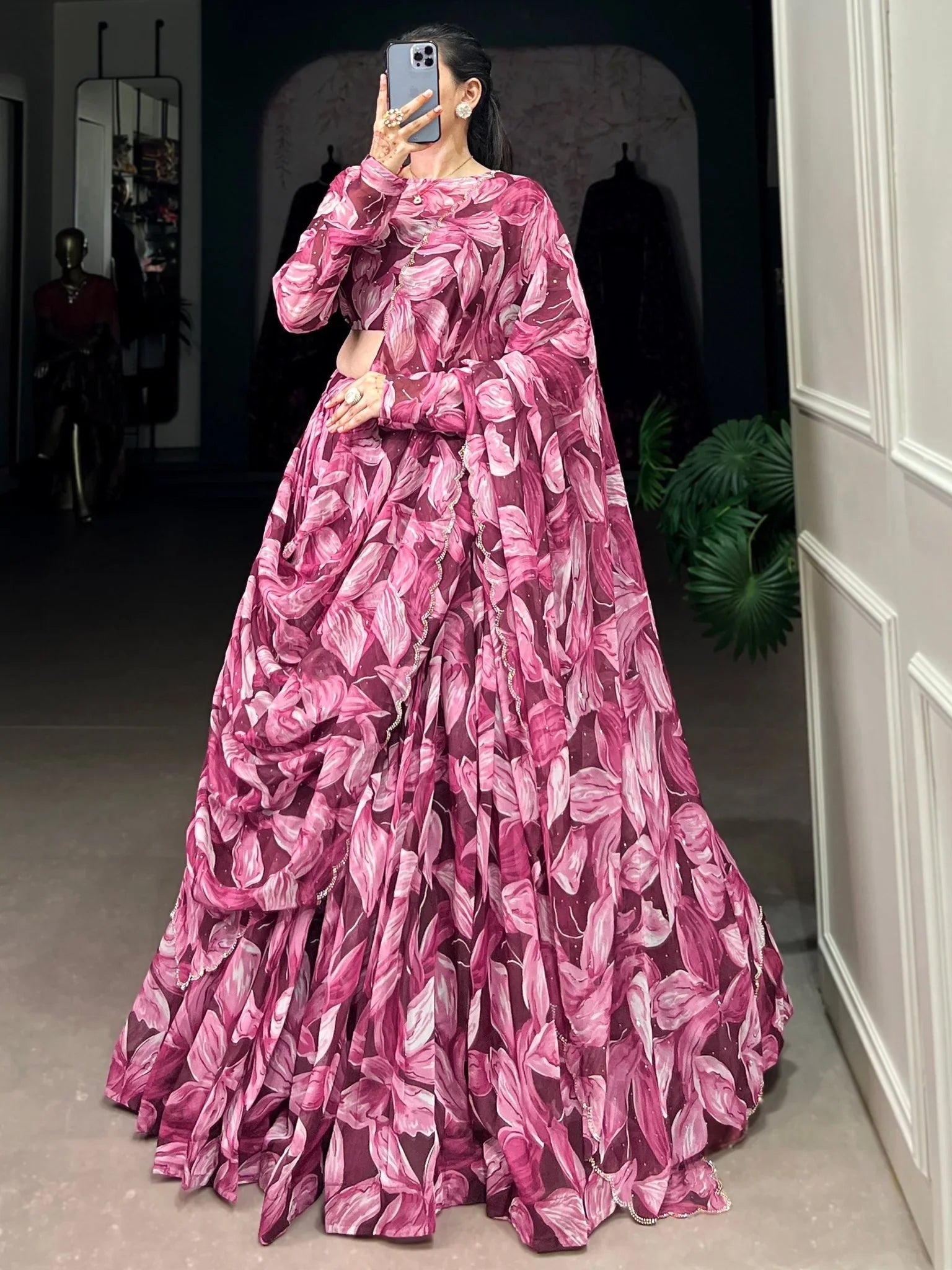 Wine Silk Lehenga Choli with Digital Print & Swarovski