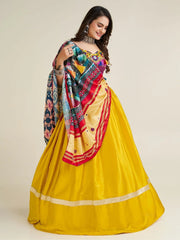 Yellow Gamthi Work Satin Lehenga Choli – Semi-Stitched Festive Ensemble