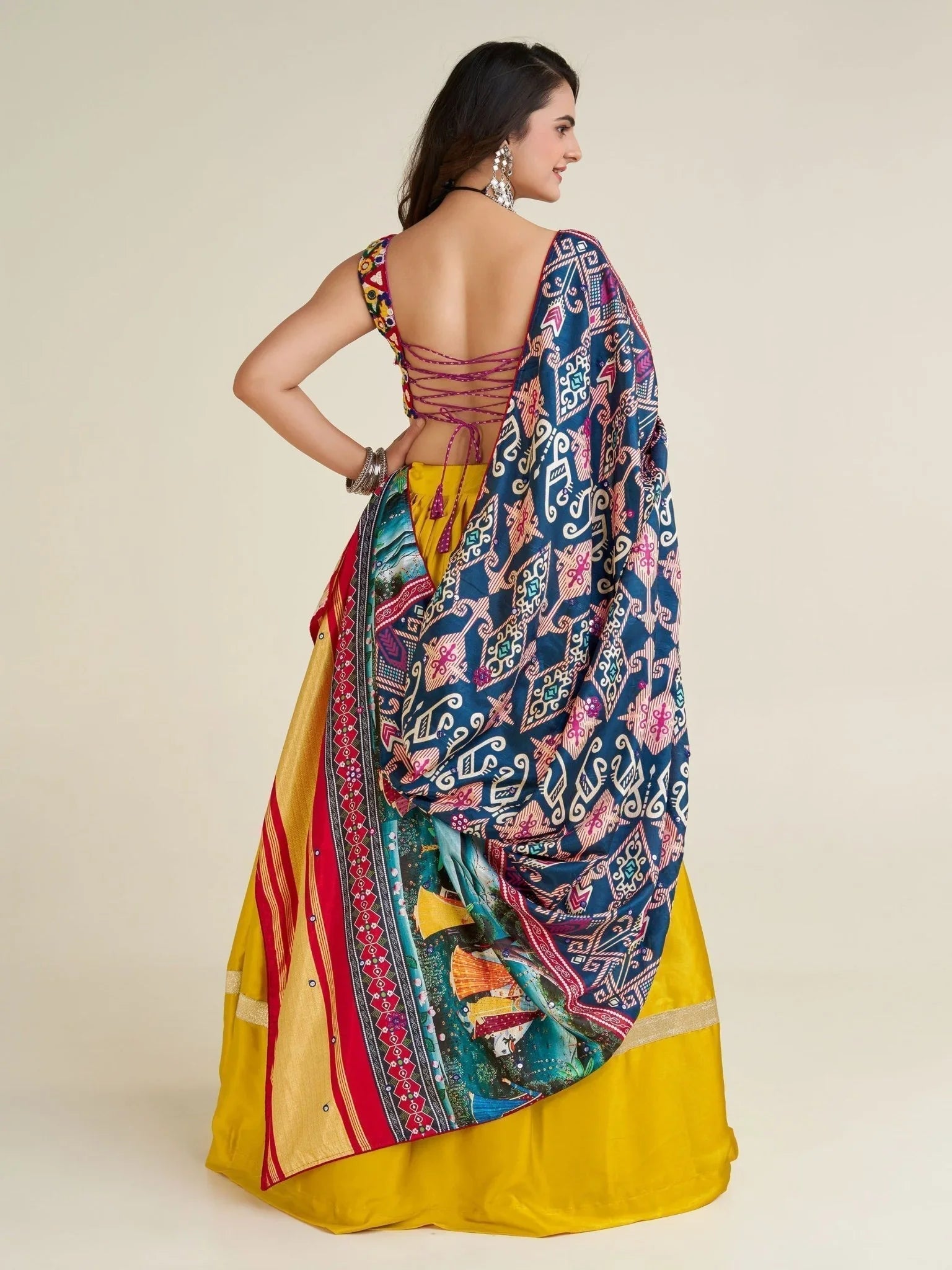 Yellow Gamthi Work Satin Lehenga Choli – Semi-Stitched Festive Ensemble