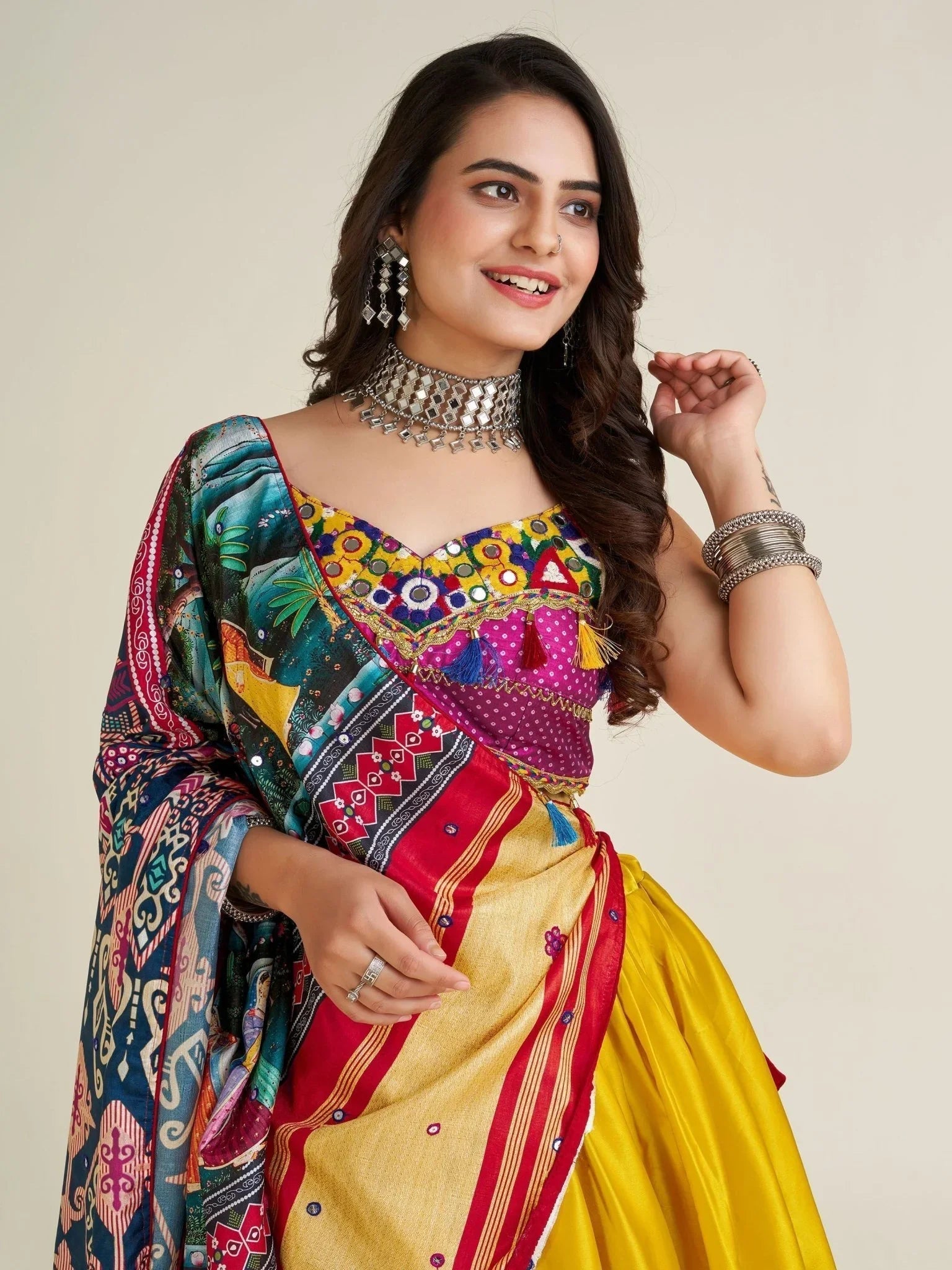 Yellow Gamthi Work Satin Lehenga Choli – Semi-Stitched Festive Ensemble