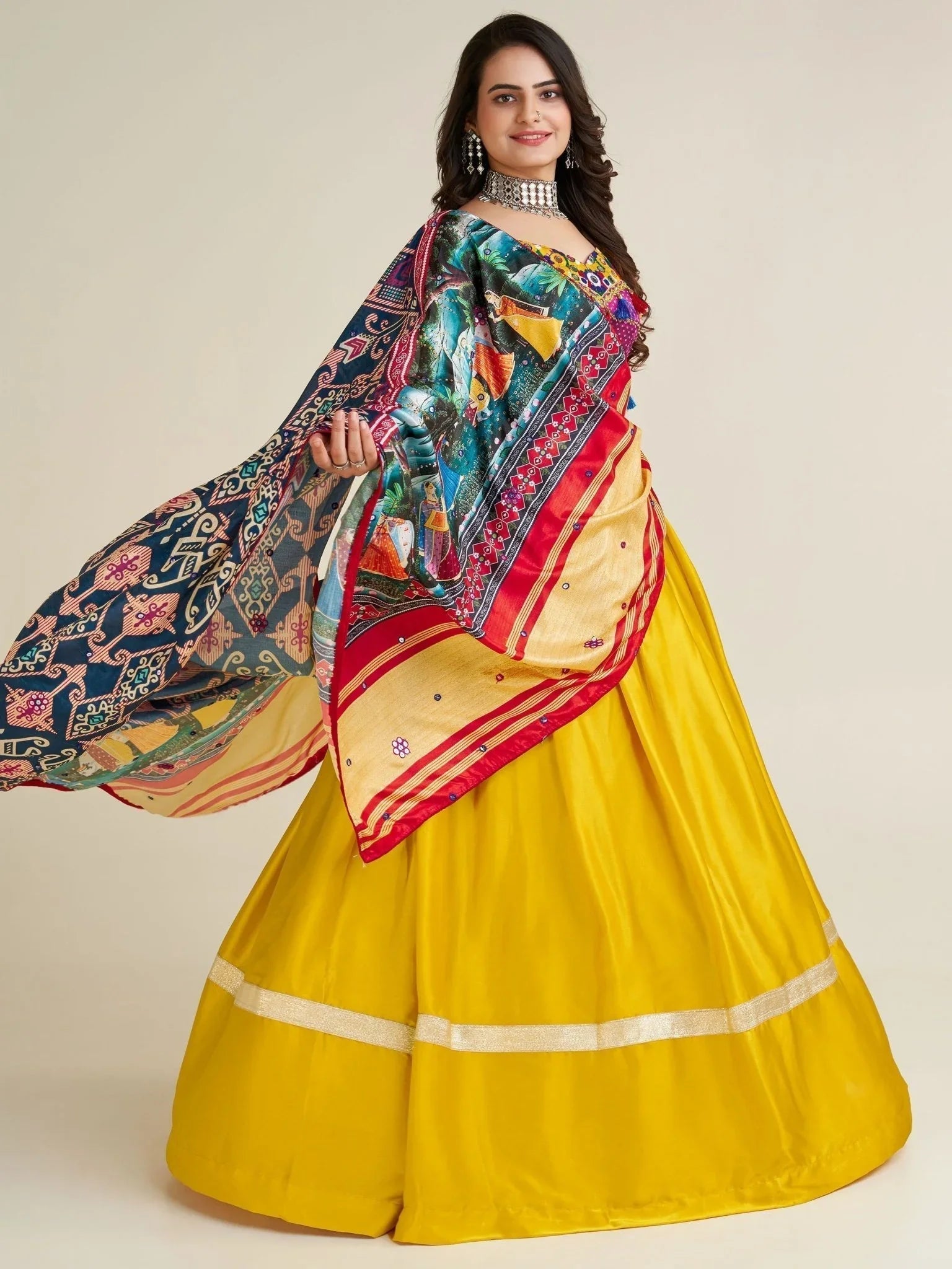 Yellow Gamthi Work Satin Lehenga Choli – Semi-Stitched Festive Ensemble