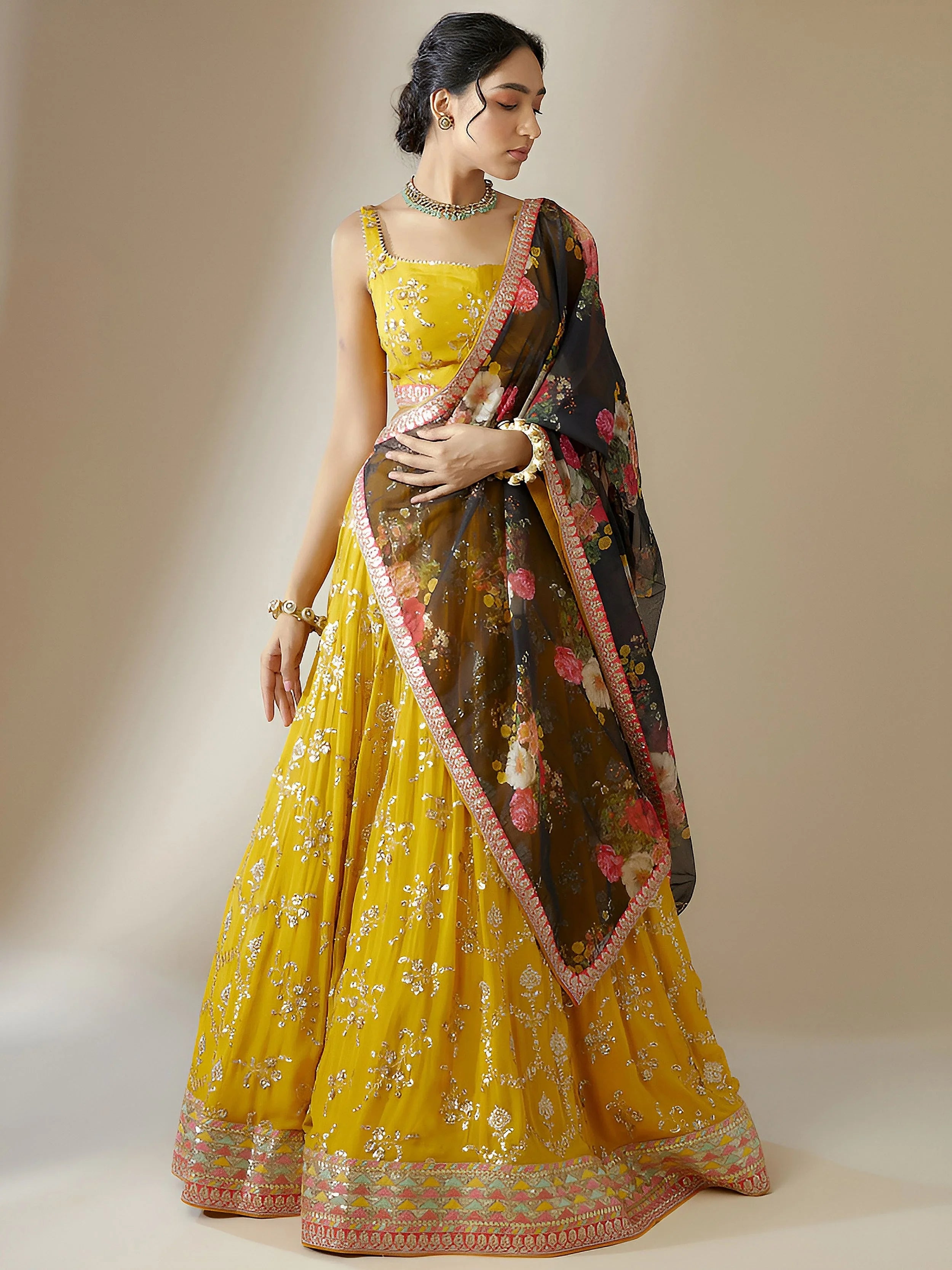Yellow Georgette Lehenga Choli Set with Black Floral Dupatta – Festive & Haldi Wear