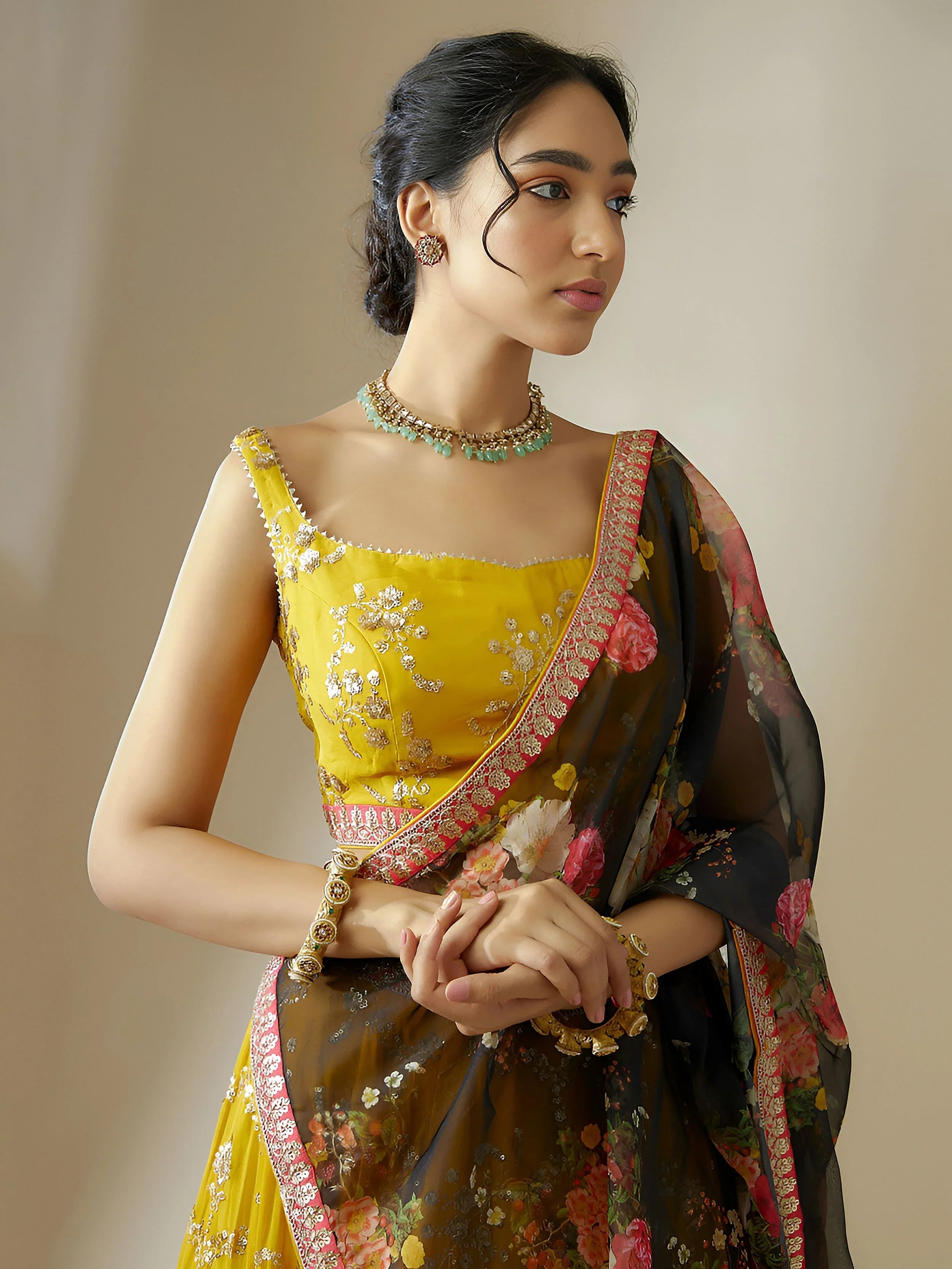 Yellow Georgette Lehenga Choli Set with Black Floral Dupatta – Festive & Haldi Wear