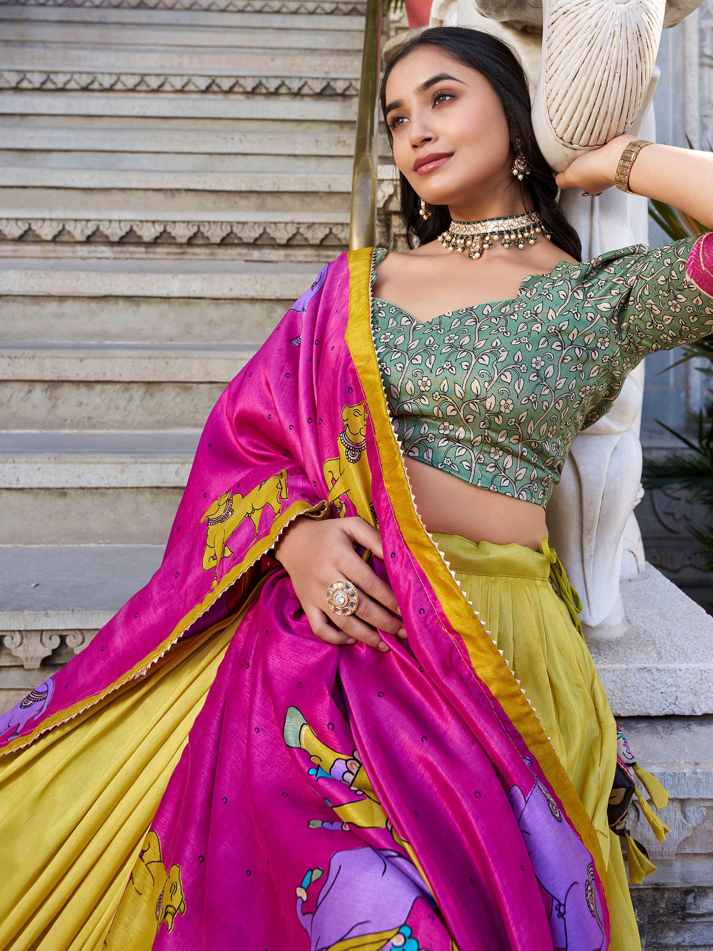 Yellow Tussar Silk Lehenga – Kalamkari Print & Foil Work