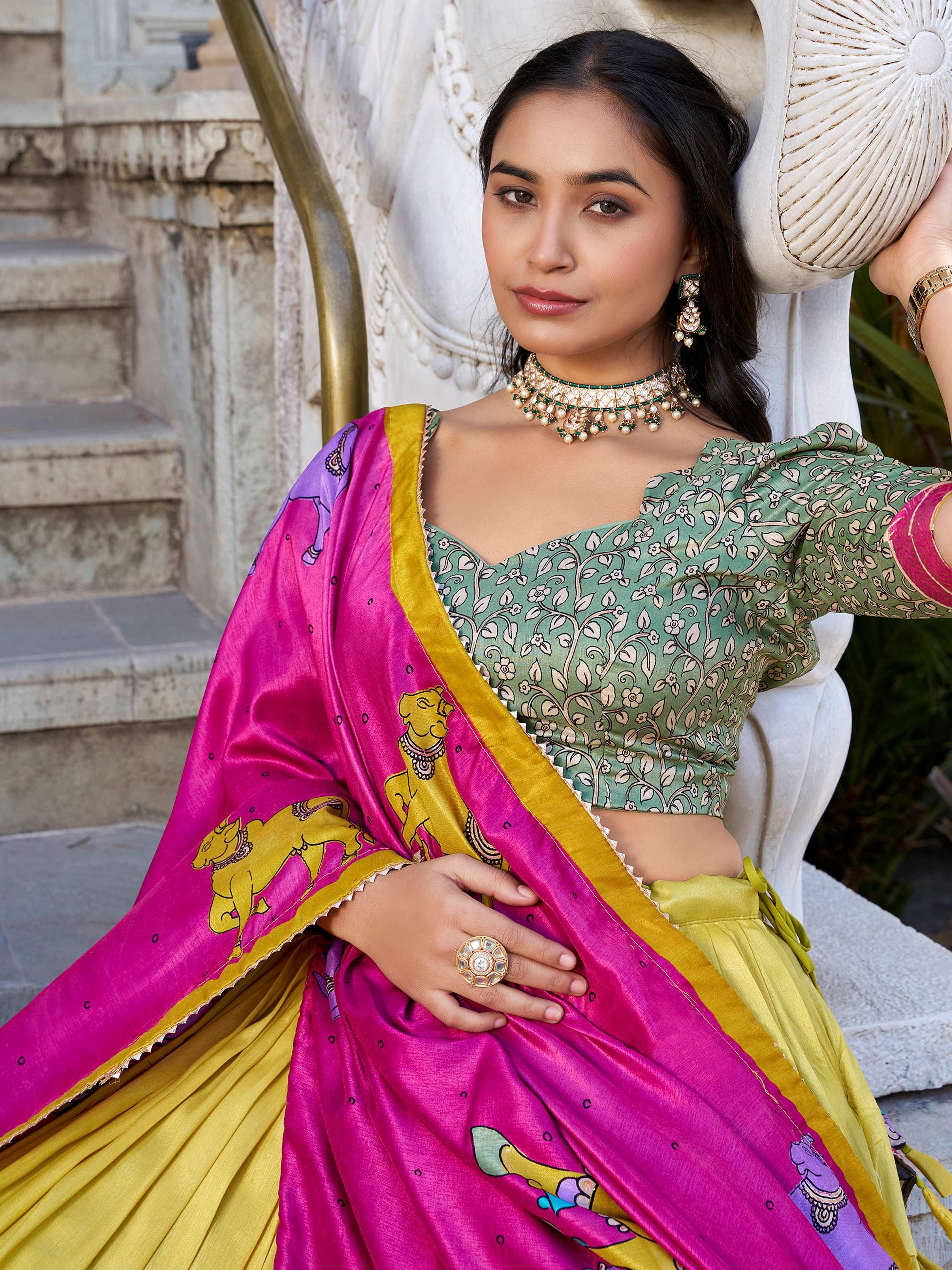 Yellow Tussar Silk Lehenga – Kalamkari Print & Foil Work