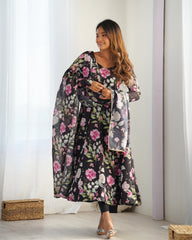 Black Pure Soft Organza Three-Piece Anarkali Suit with Floral Print and Gota Patti Dupatta