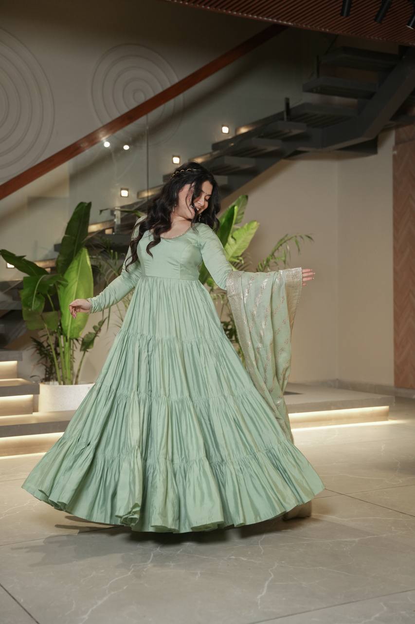 Pista Green Pure Chanderi Silk Anarkali Suit with 9-Meter Frill Flair – 3-Piece Set