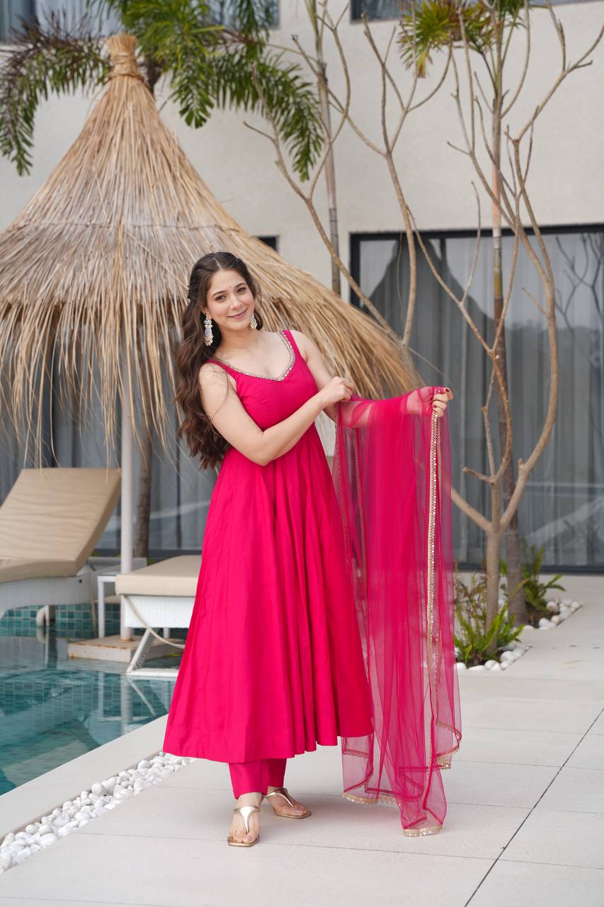 Rani Pink Pure Roman Silk Chanderi Anarkali Suit with Mirror Lace Dupatta